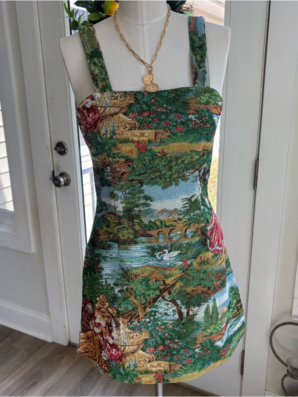 Scenic Tapestry Print Green Mini Dress